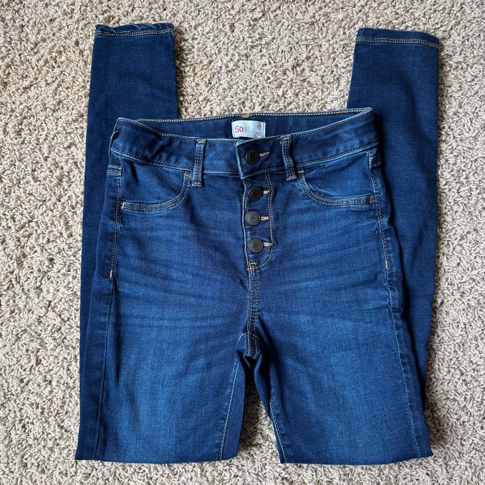 SO Blue Denim Stretch Skinny Jegging Jeans Faux Button Snap Closure Girls 12